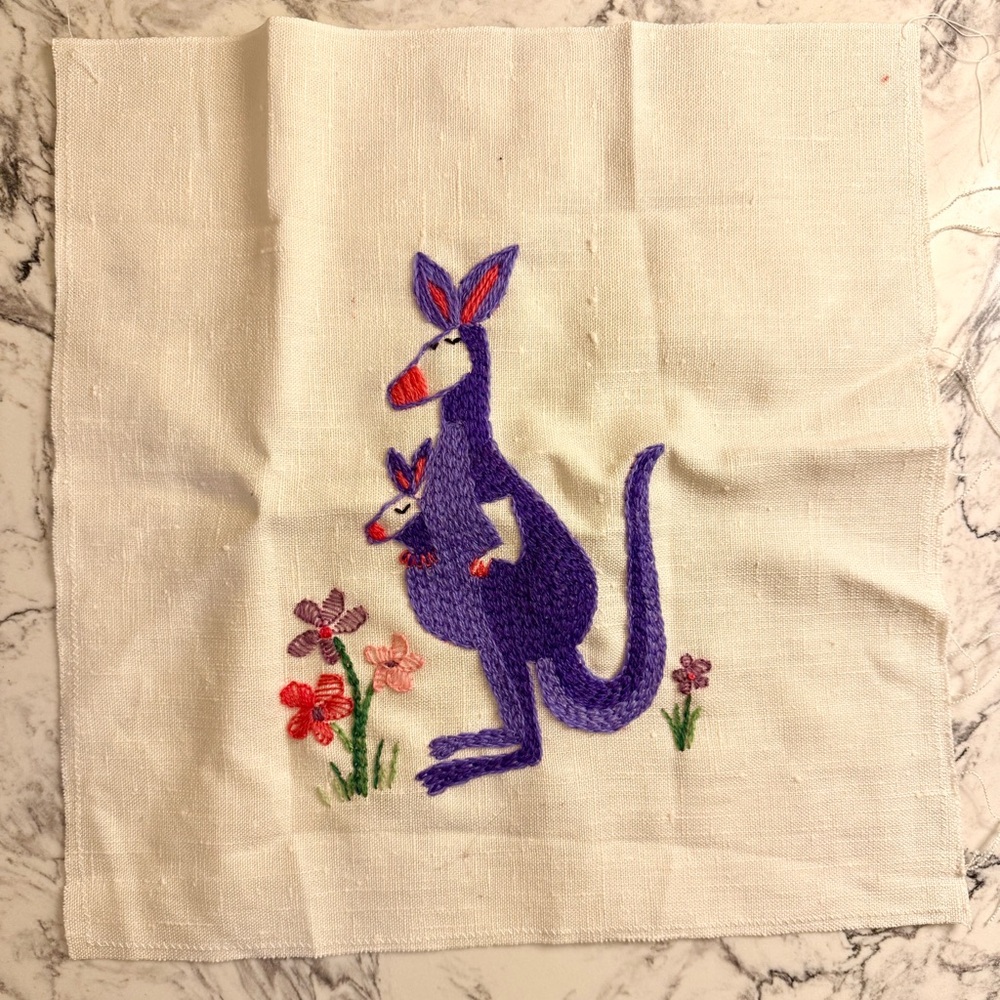 Vintage Hand-Embroidered Kangaroo Textile | Folk Art | Wall or Nursery Décor